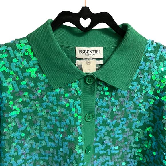 NWT Essentiel Antwerp Sequin Glitz Polo Top Short Sleeve Hulk Green Womens XS - Picture 5 of 11